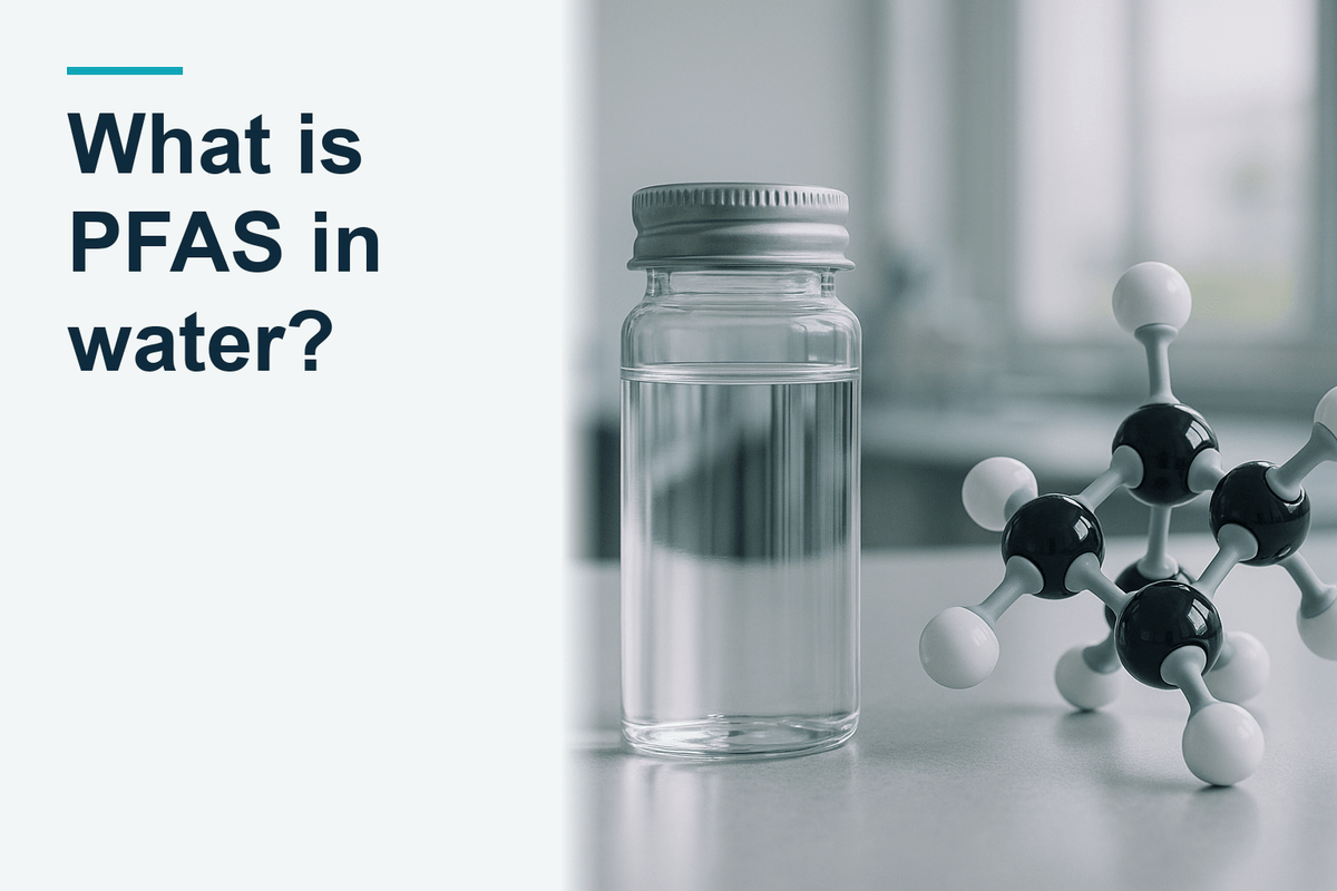 A sealed water-sample vial beside an abstract molecular model, a sealed water sample standing beside a clearly conceptual molecular model, australian laboratory