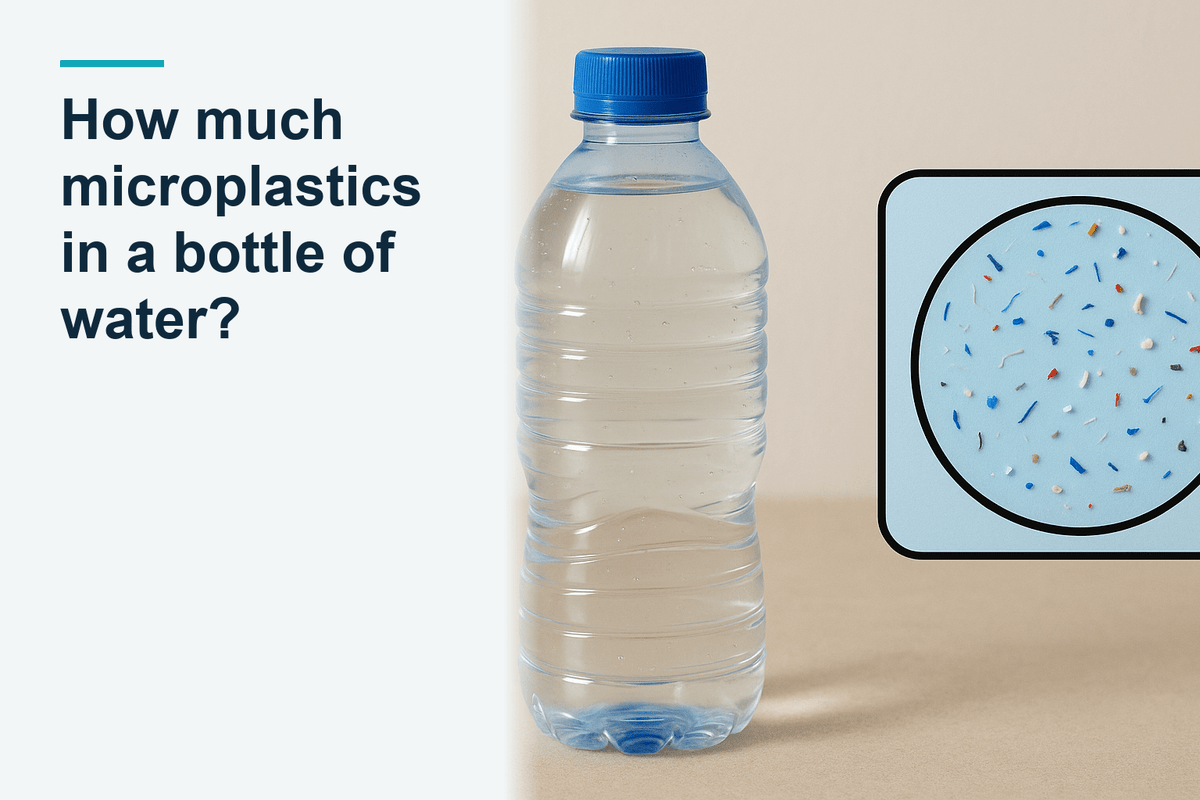 A sealed plastic water bottle beside a conceptual magnified inset, a sealed plastic bottle shown beside a clearly conceptual magnified inset panel, plain austra