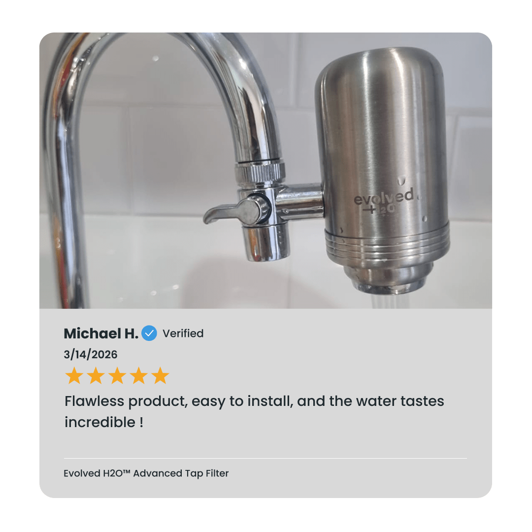 Evolved H2O Advanced Tap Water Filter installed on a curved kitchen faucet with verified customer review