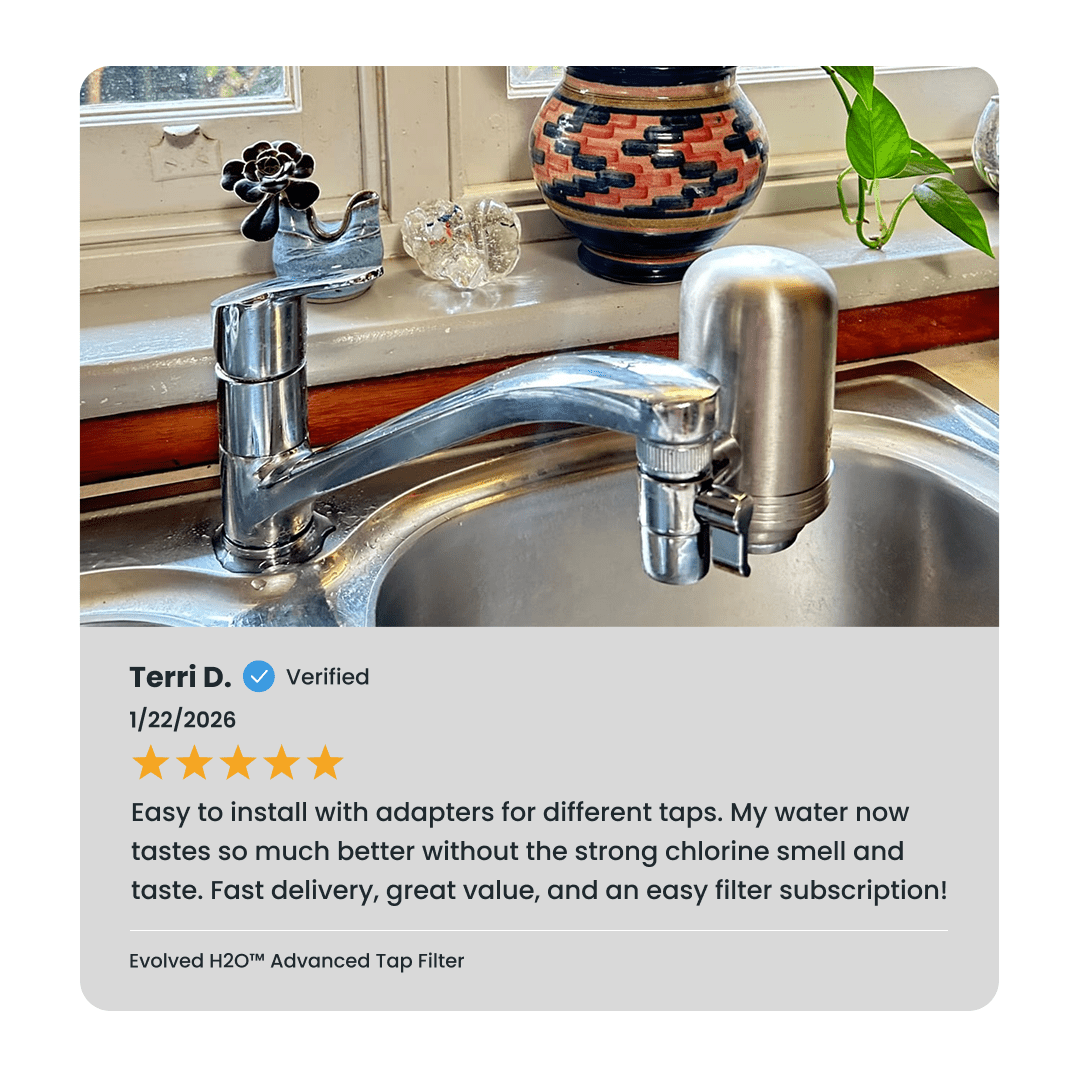 A close-up of a kitchen sink with a chrome faucet and a silver Evolved H2O Advanced Tap Filter attached to the spout. A beige review card below shows a verified customer review by Terri D.