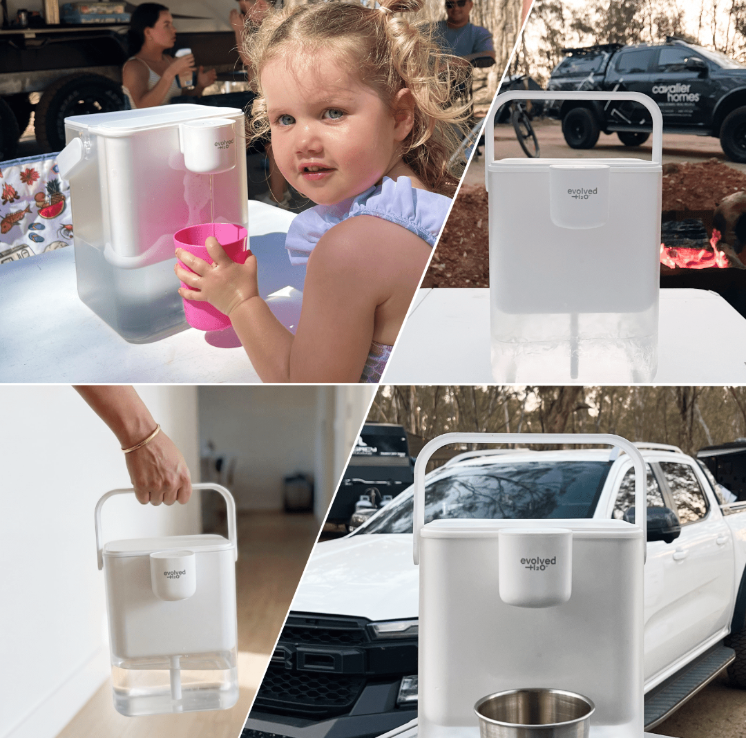 Family using HydroX Electric Water Filter Pitcher in kitchen