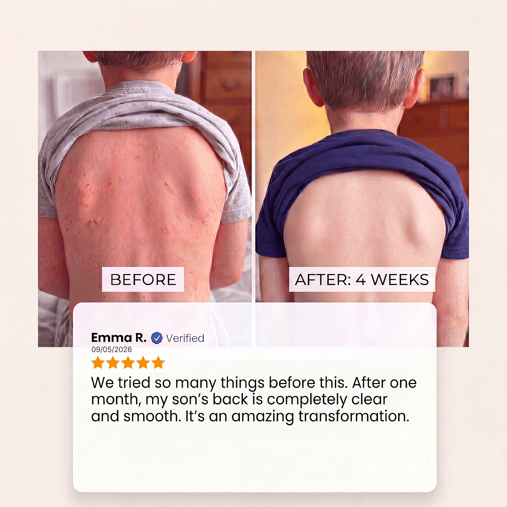 Customer before-and-after photos showing a child’s back after four weeks of using the Evolved H2O bath filter, alongside a verified review