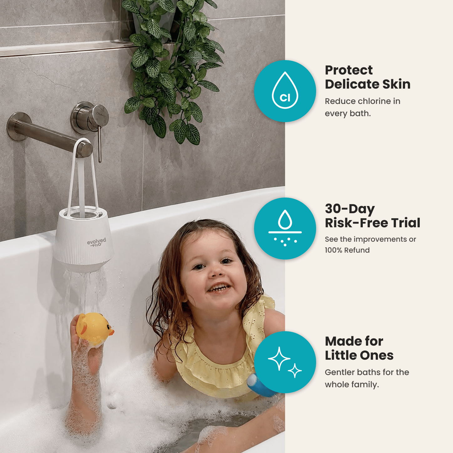 Child bathing beside an Evolved H2O bath filter with text about chlorine reduction, delicate skin and the 30-day risk-free trial
