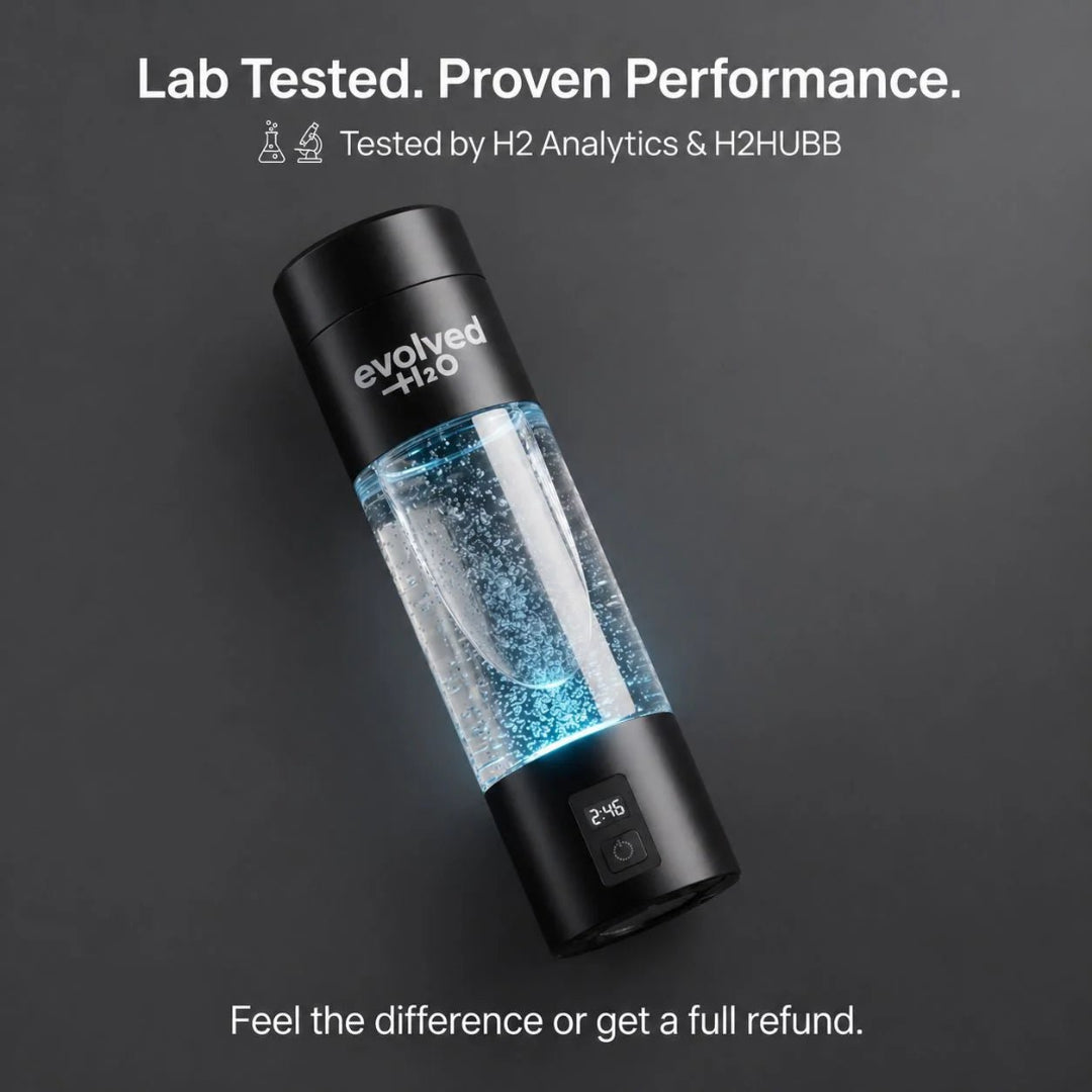 Black Evolved H2O Hydrogen Pro Bottle with illuminated hydrogen bubbles and lab testing text on a dark background