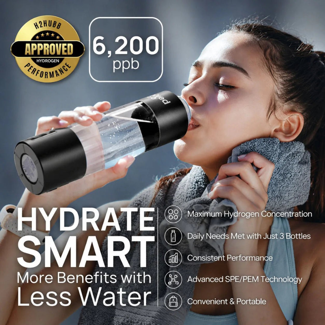 Woman drinking from the Evolved H2O Hydrogen Pro Bottle with 6,200 ppb hydrogen concentration and SPE/PEM technology features shown