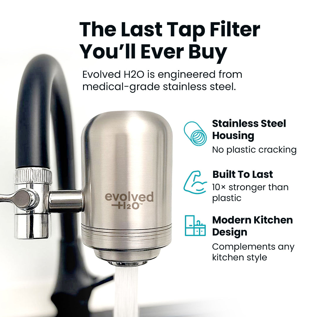 Evolved H2O stainless steel tap filter installed on a kitchen faucet with text highlighting durable construction and modern design