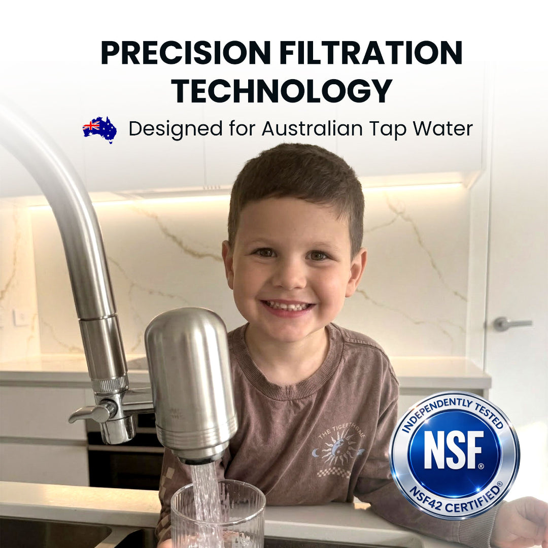 Child filling a glass from an Evolved H2O tap filter in a kitchen with independent NSF 42 testing badge