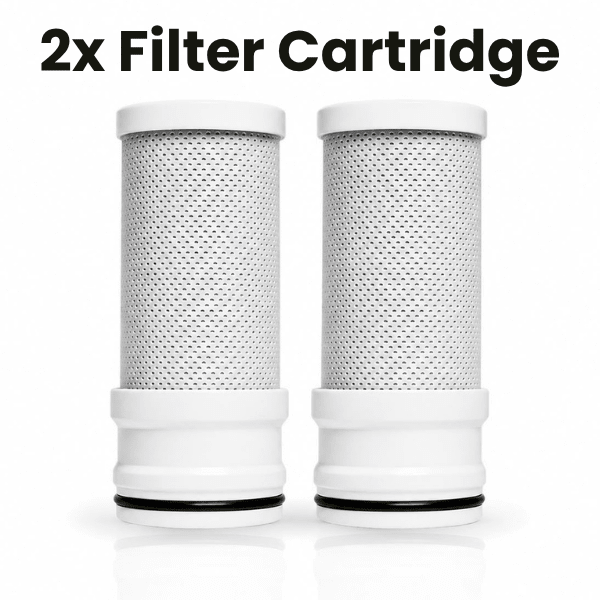 Two Evolved H2O tap filter replacement cartridges on a white background