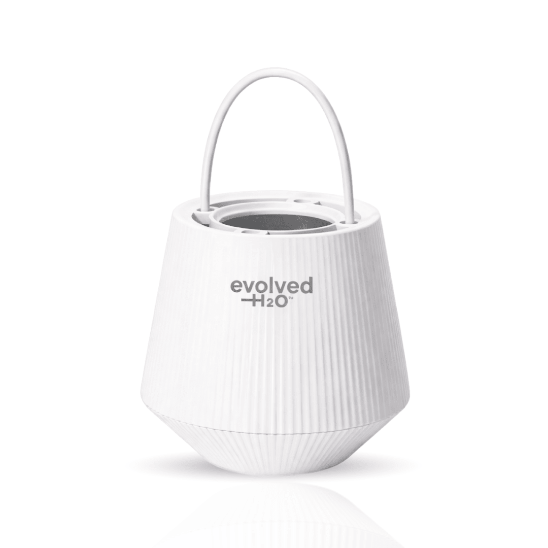 White Evolved H2O bath filter with hanging strap on a white background