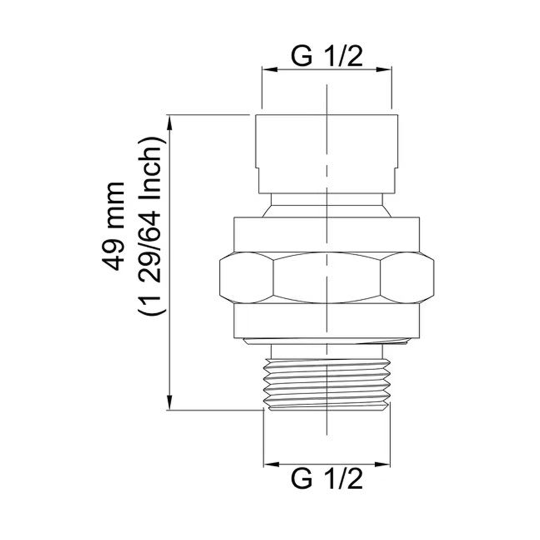 Technical drawing of the Evolved H2O shower filter swivel ball adapter with G 1/2 threads and 49 mm height