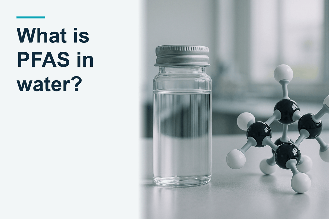 A sealed water-sample vial beside an abstract molecular model, a sealed water sample standing beside a clearly conceptual molecular model, australian laboratory