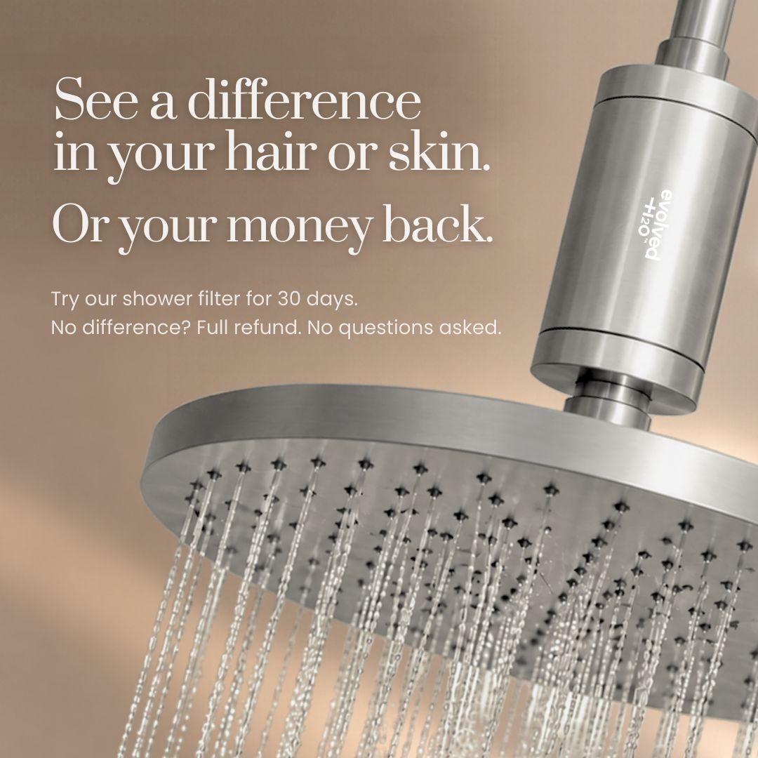 Evolved H2O stainless steel shower filter installed above a running shower head, promoting a 30-day money-back guarantee for hair and skin results
