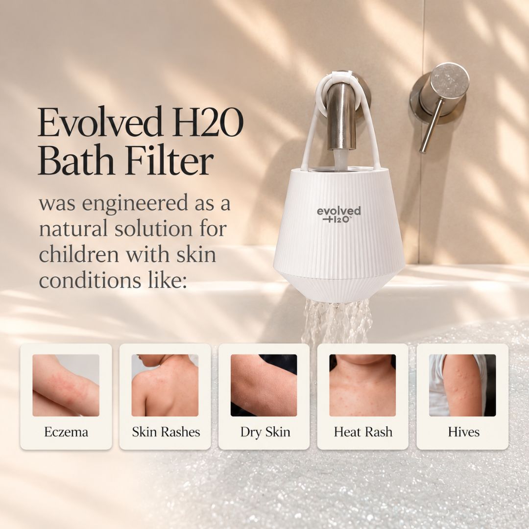 Evolved H2O bath filter attached to a bath tap above bubbly water, with examples of eczema, rashes, dry skin, heat rash and hives
