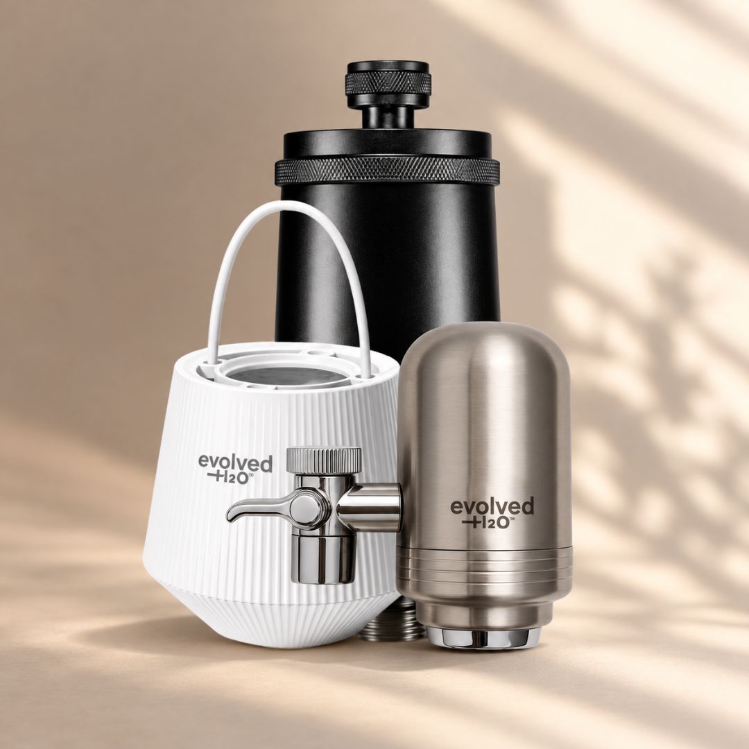 Evolved H2O complete home water filter bundle with white bath filter, silver tap filter and black shower filter