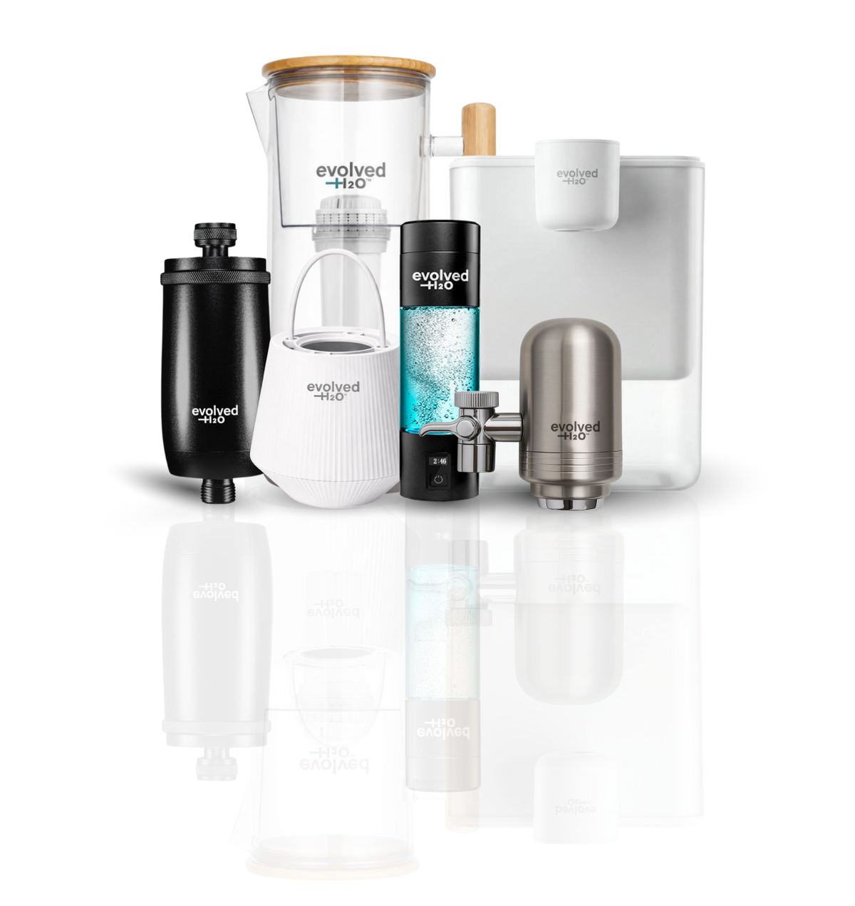 Evolved H2O water filters: glass filter jug, HydroX electric filter, tap filter, shower filter, bath filter and hydrogen water bottle