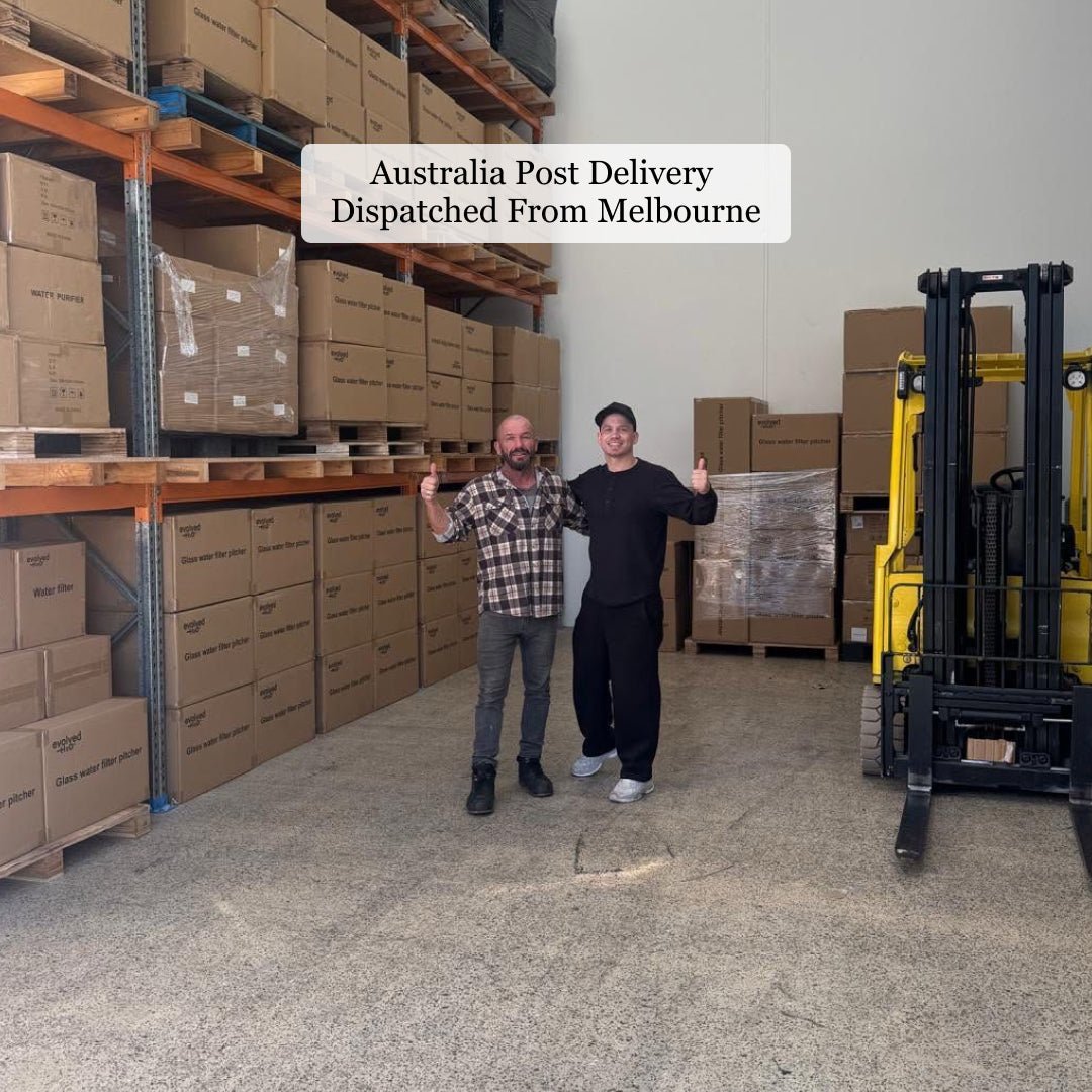 Evolved H2O team in the Melbourne warehouse with packed water filter stock ready for Australia Post dispatch