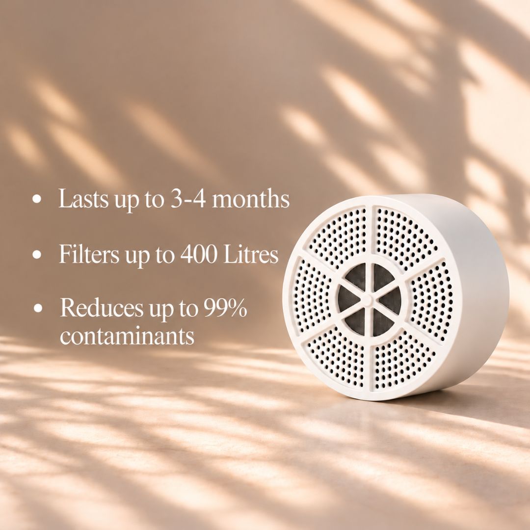 Evolved H2O bath filter cartridge showing its perforated design, with notes that it lasts 3–4 months and filters up to 400 litres