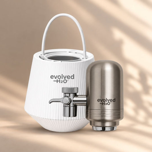 Evolved H2O bath and tap filter bundle featuring the white bath filter and stainless steel tap water filter
