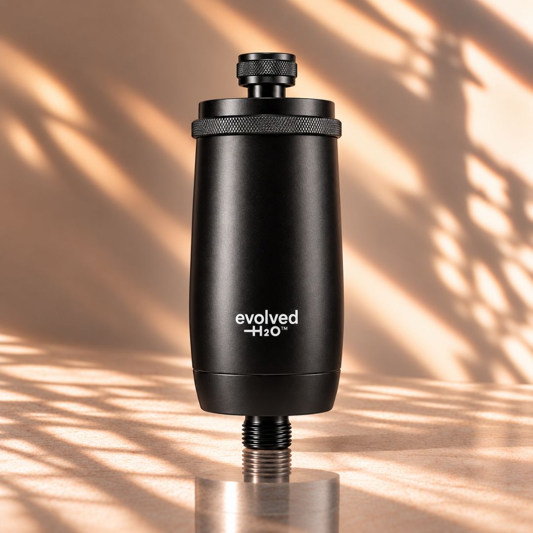 Evolved H2O black shower filter with threaded connections and matte finish, shown in warm natural light