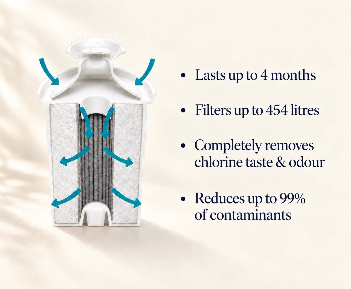 Cutaway view of the Evolved H2O Glass Water Filter Jug cartridge showing internal filtration layers and water flow, with cartridge lifespan and capacity details