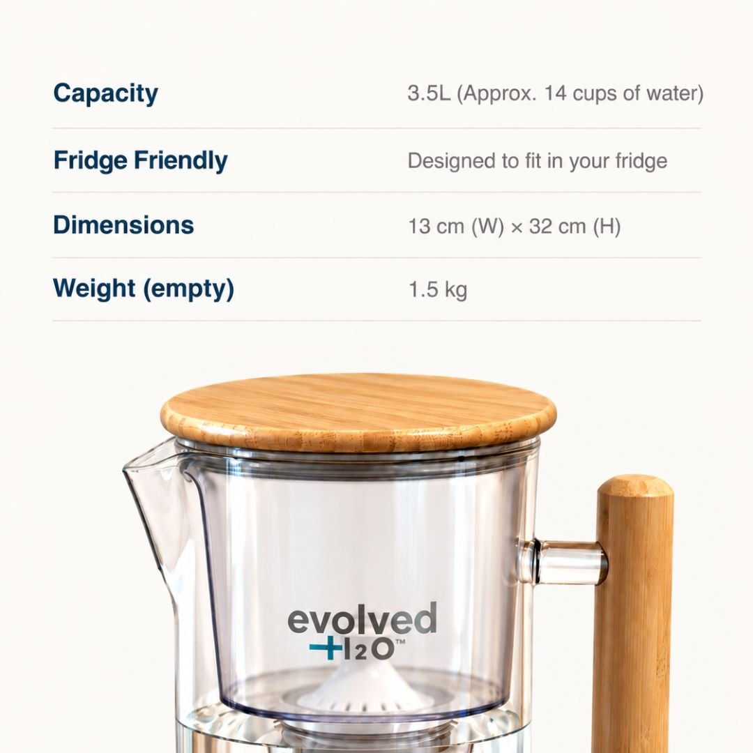 Evolved H2O glass water filter jug with bamboo lid and handle, showing 3.5 L capacity, fridge-friendly design, dimensions and empty weight