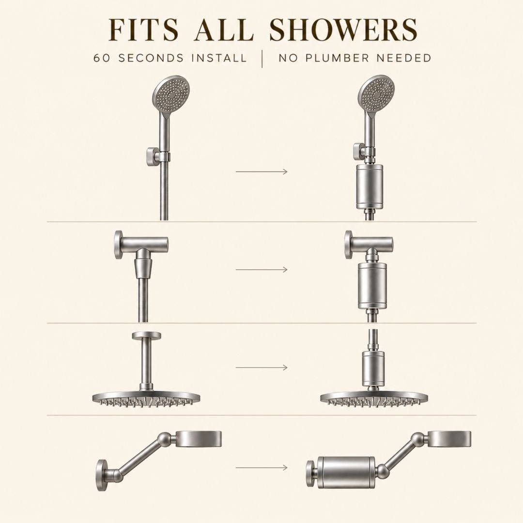 Evolved H2O shower filter shown installed with handheld, wall-mounted, rain and angled shower setups, highlighting quick installation without a plumber