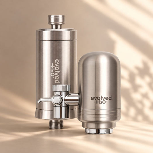 Evolved H2O silver tap and shower filter bundle featuring the stainless steel tap filter and matching shower filter
