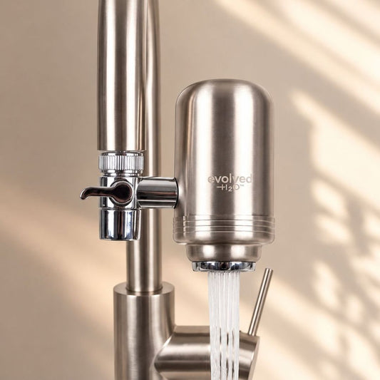 Evolved H2O stainless steel tap water filter installed on a kitchen faucet with filtered water flowing