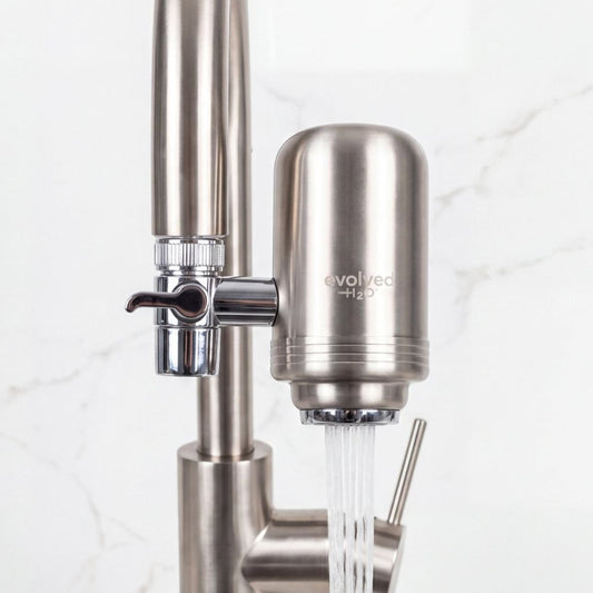 Evolved H2O stainless steel tap water filter with chrome diverter valve on a white background