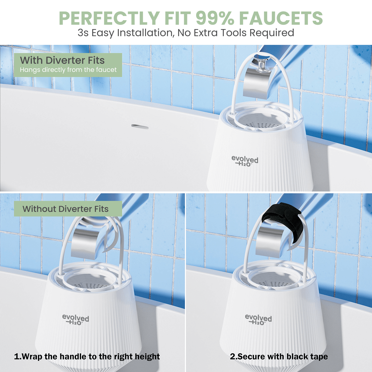 Evolved H2O filter shown easily connecting to standard bathroom faucets