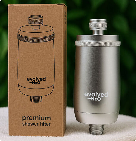 Evolved H2O premium stainless steel shower filter with eco-friendly packaging

