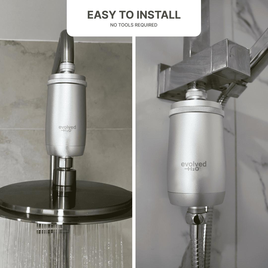 Evolved H2O shower filter installed on two shower types, easy no-tools setup.