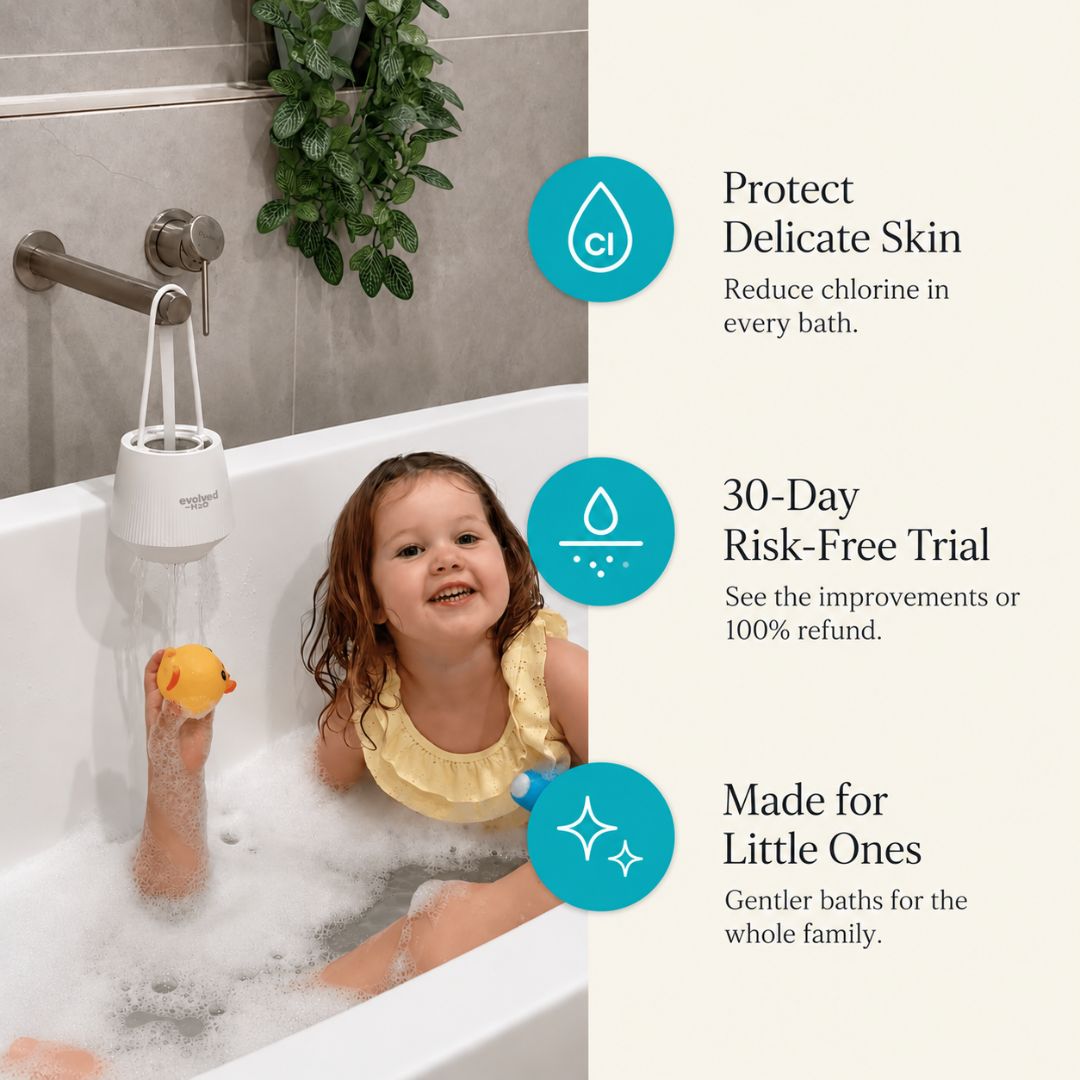 Child enjoying a bath with the Evolved H2O bath filter attached to the tap, highlighting chlorine reduction and gentler bath water