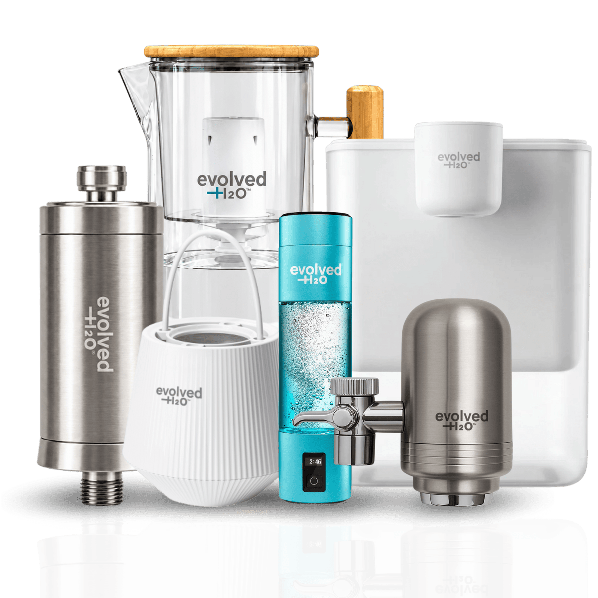 Evolved H2O water filters: glass filter jug, HydroX electric filter, tap filter, shower filter, bath filter and hydrogen water bottle