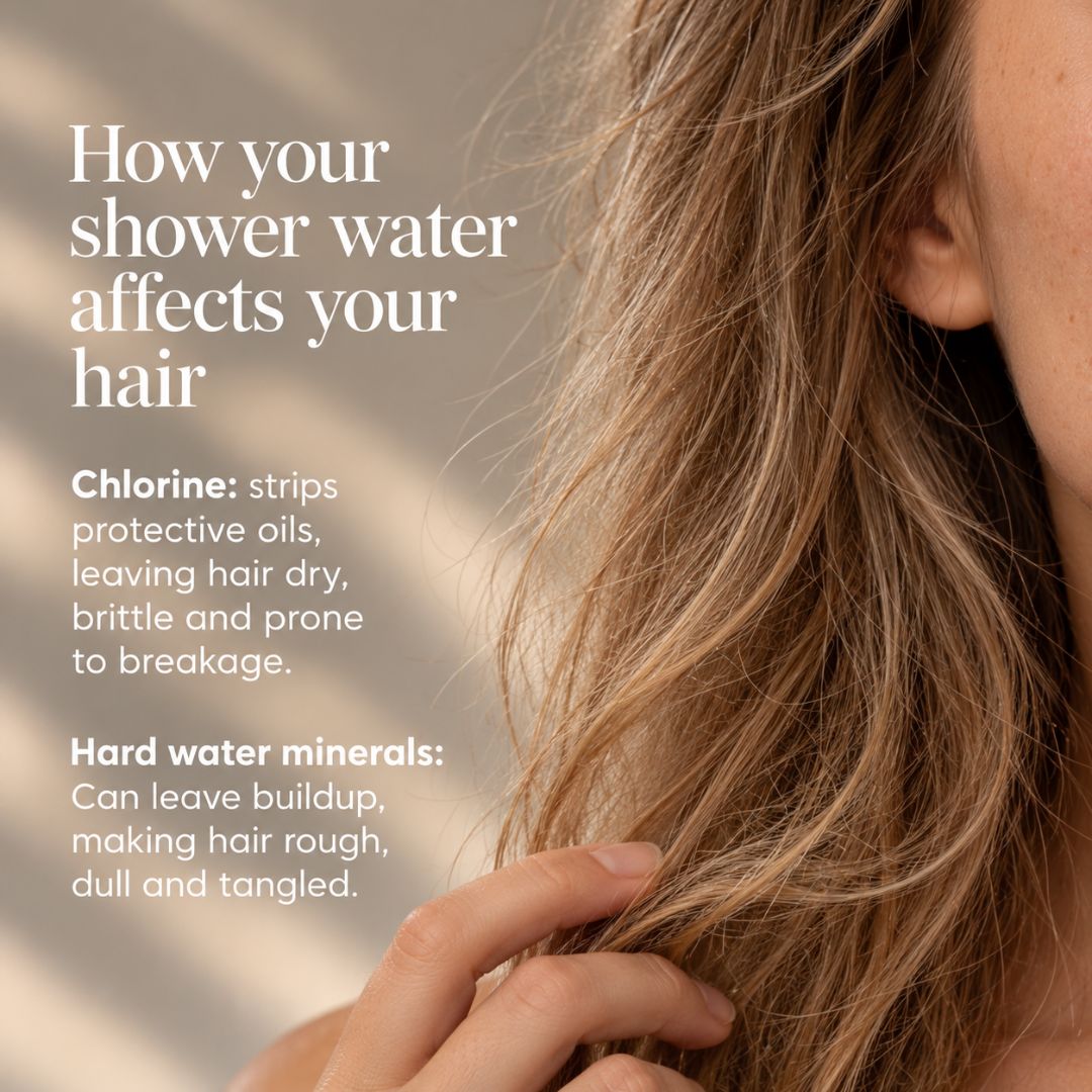 Close-up of dry, brittle hair with text explaining how chlorine and hard water minerals can contribute to dryness, buildup and breakage