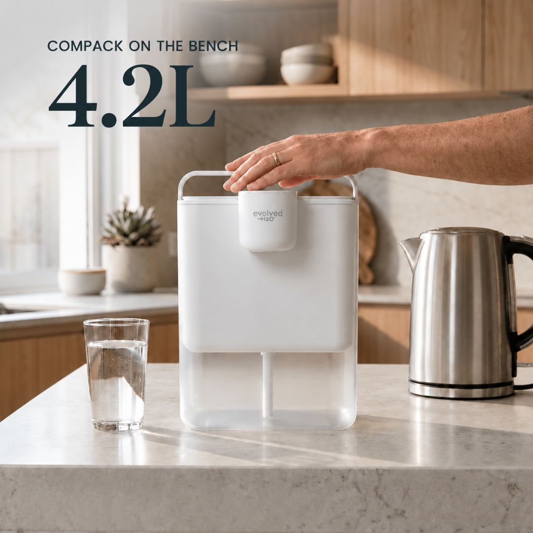 Evolved H2O HydroX electric water filter pitcher on a kitchen bench with a 4.2 litre capacity