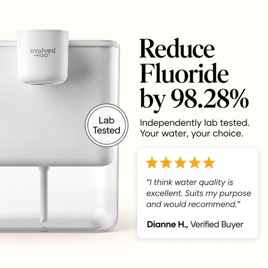 Evolved H2O HydroX electric water filter pitcher highlighting independently tested 98.28% fluoride reduction and a verified customer review