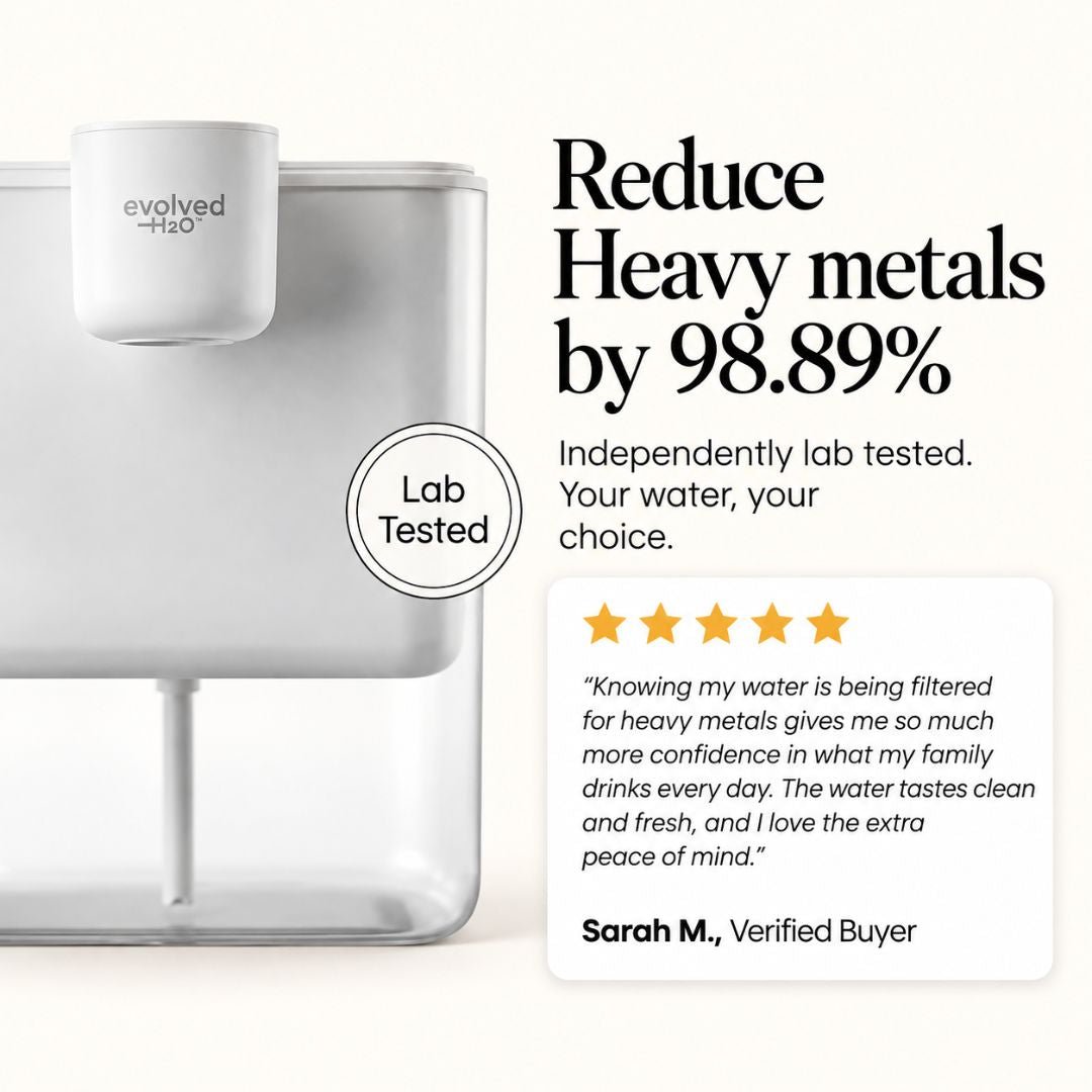 Evolved H2O HydroX electric water filter highlighting independently lab-tested 98.89% heavy metals reduction with a verified customer review