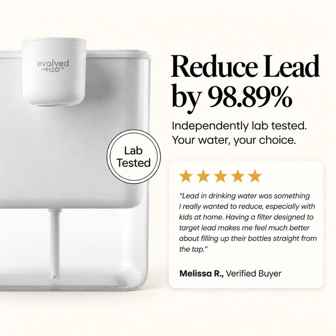 Evolved H2O HydroX electric water filter highlighting independently lab-tested 98.89% lead reduction with a verified customer review