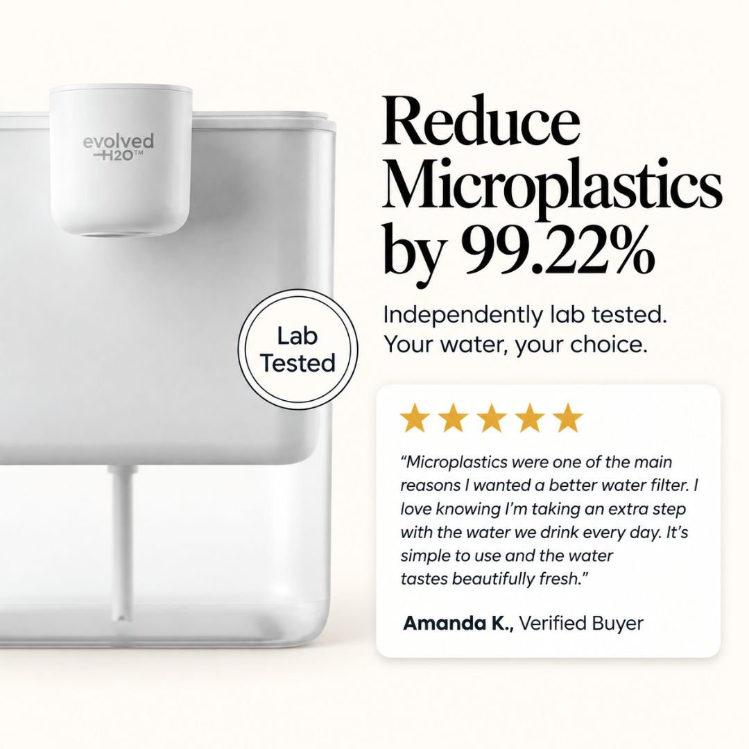 Evolved H2O HydroX electric water filter highlighting independently lab-tested 99.22% microplastics reduction with a verified customer review