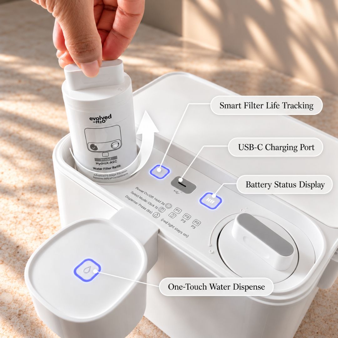 HydroX electric water filter showing cartridge removal, smart filter life tracking, USB-C charging, battery status and one-touch water dispensing