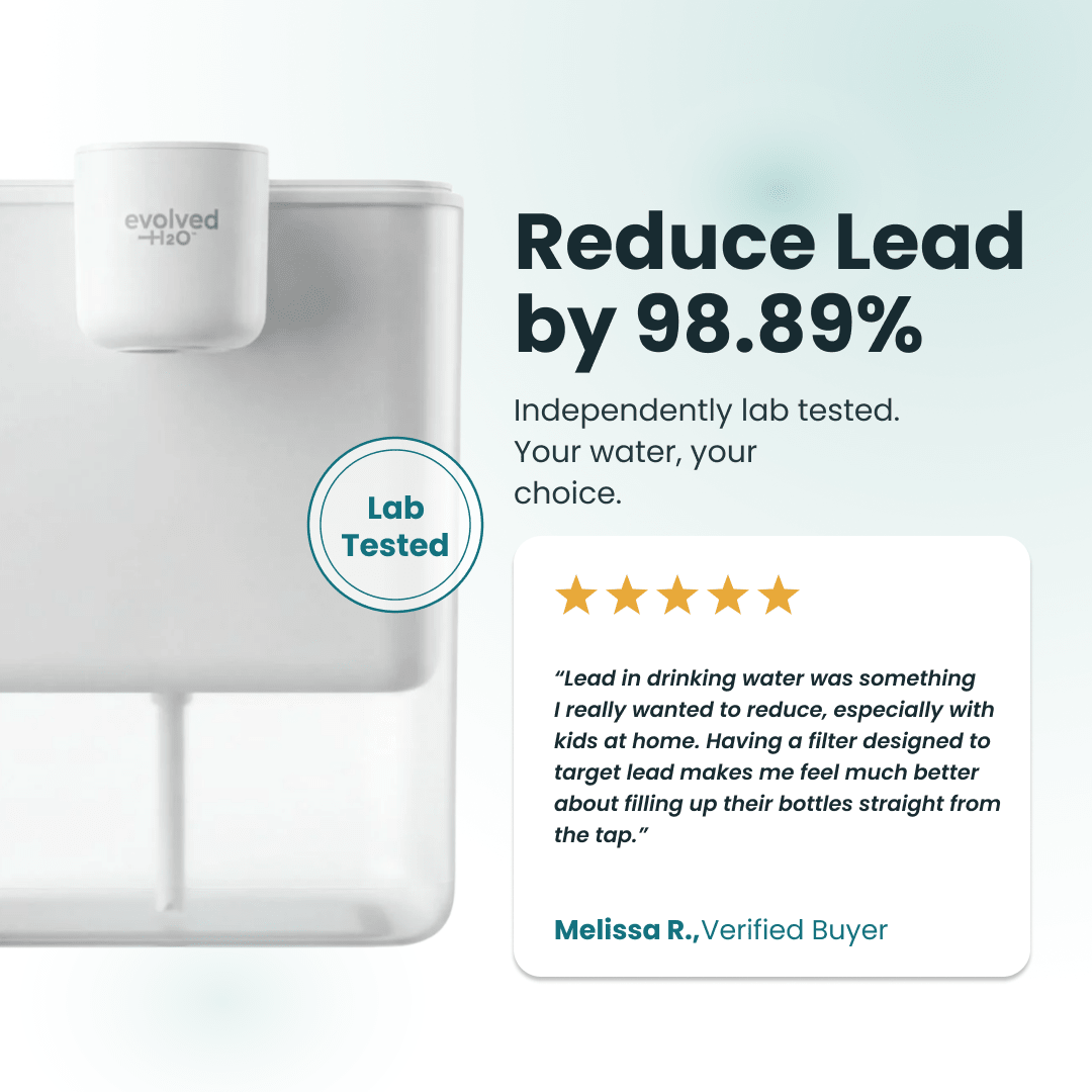 HydroX water filter pitcher with independently lab-tested lead reduction by 98.89%, alongside a verified customer review.