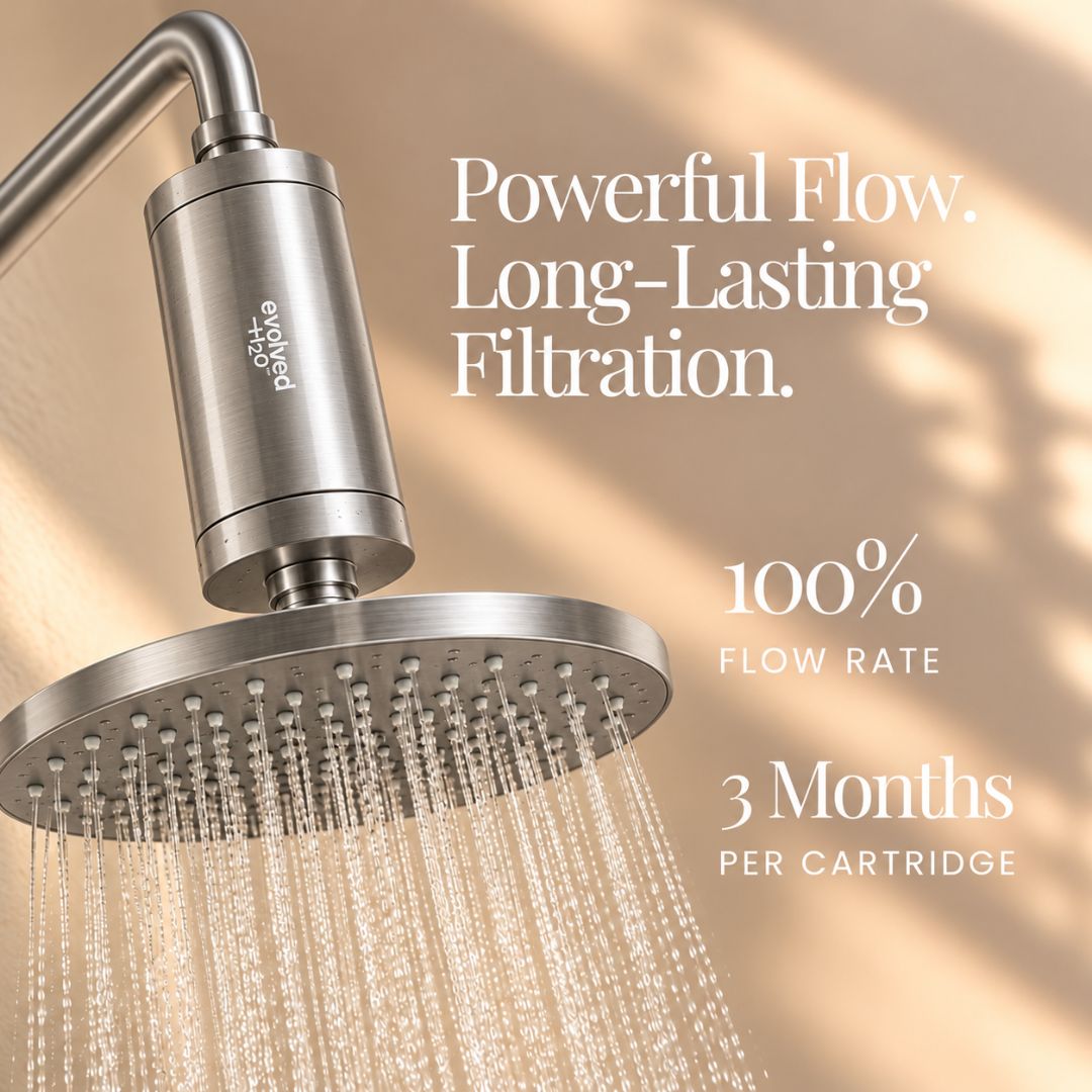 Evolved H2O stainless steel shower filter installed above a running shower head, highlighting full flow and a 3-month cartridge lifespan