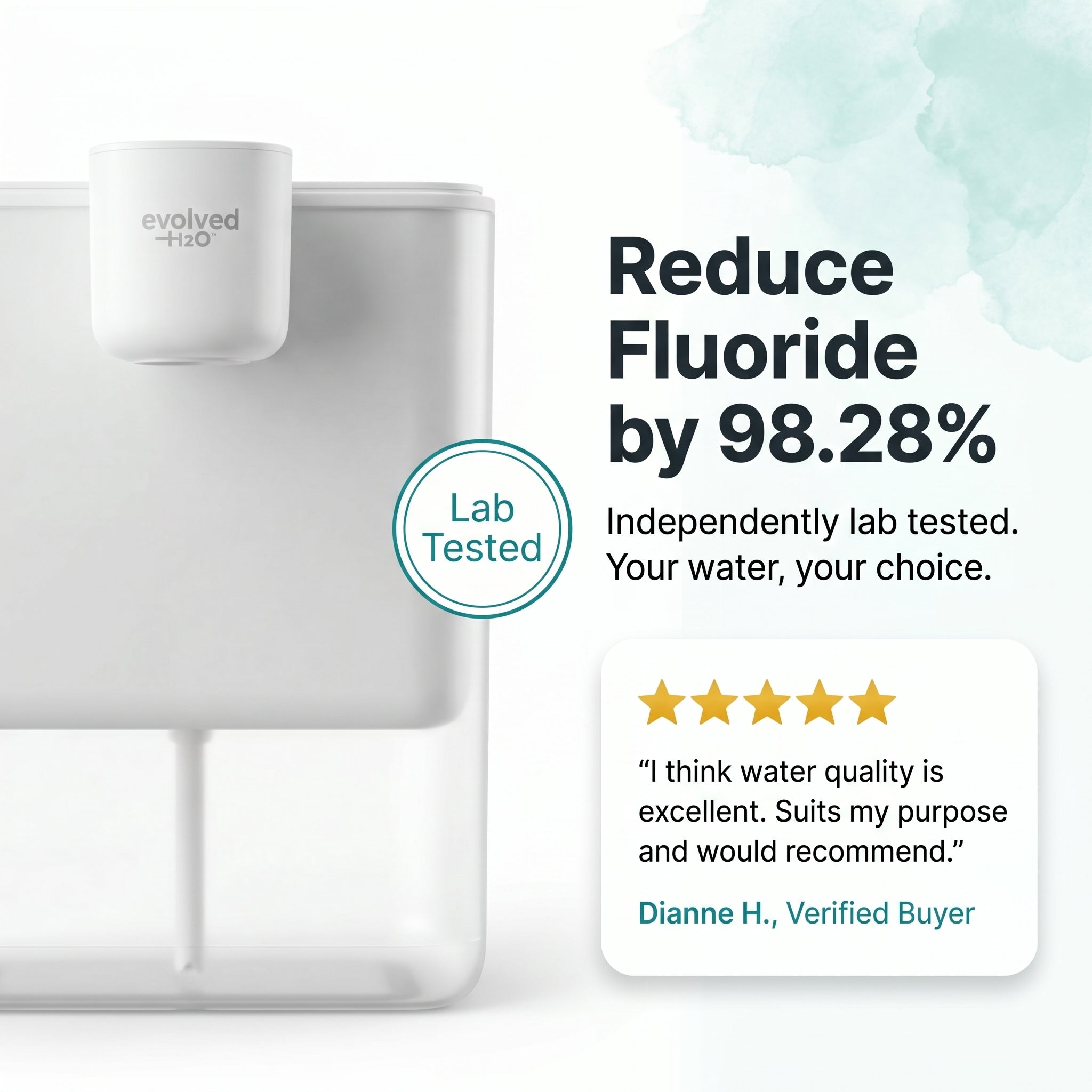 HydroX water filter pitcher with lab-tested claim showing fluoride reduction by 98.28%, alongside a verified customer review.
