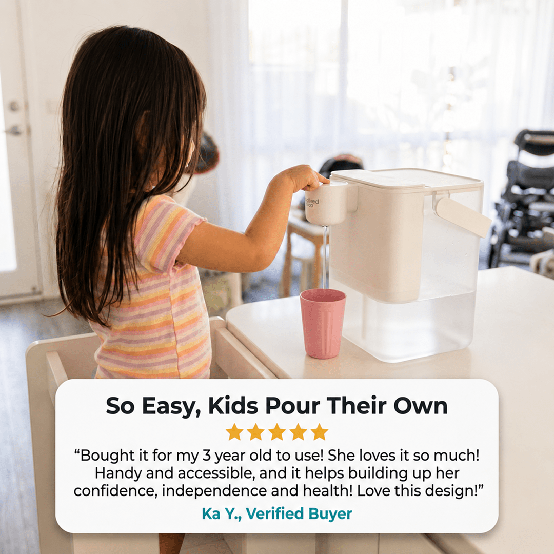 HydroX water filter dispenser being used independently by a young child, highlighting easy everyday use with a verified customer review.