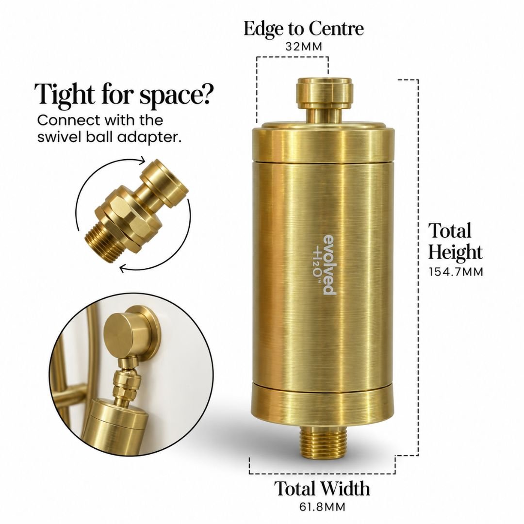 Evolved H2O gold shower filter showing product dimensions and swivel ball adapter for tighter shower spaces