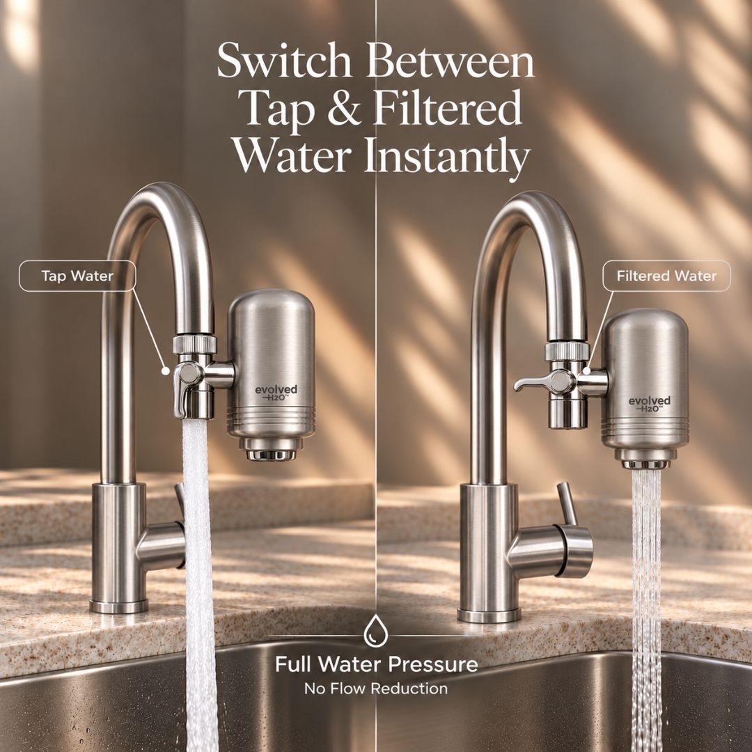 Evolved H2O tap water filter showing the diverter switch used to instantly alternate between regular tap water and filtered water