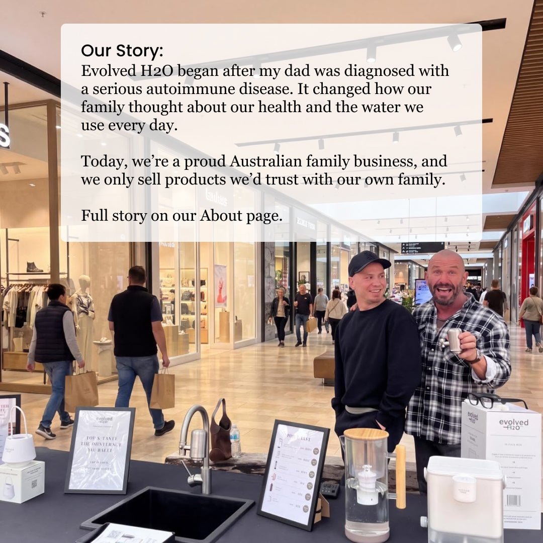 Evolved H2O family business founders at a retail display showcasing water filtration products