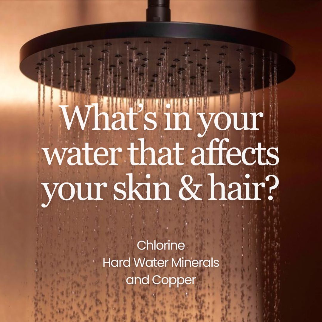 Running shower highlighting chlorine, hard water minerals and copper as common water factors that can affect skin and hair