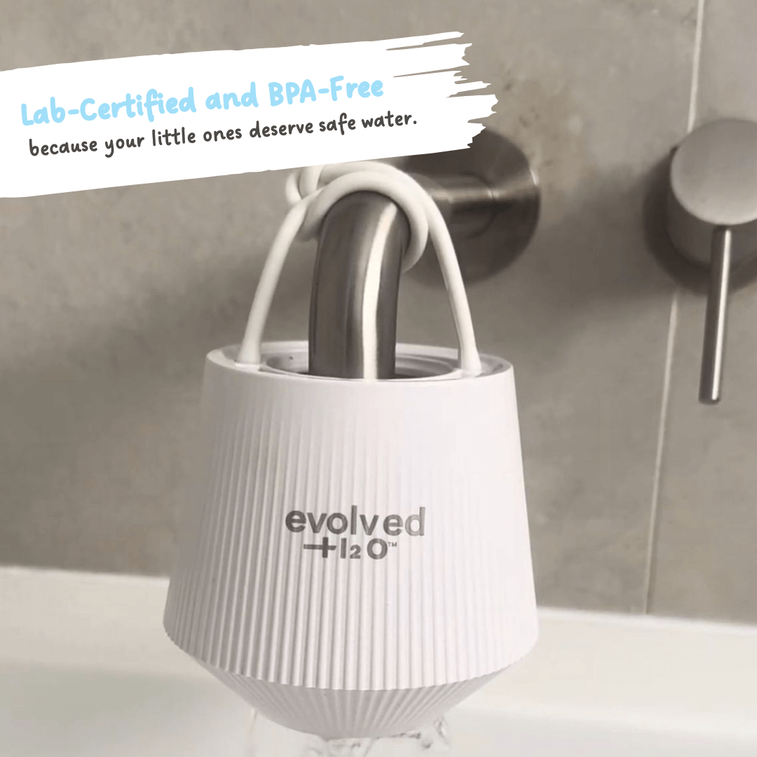 Close-up bath spout with Evolved H2O filter; overlay notes lab-certified and BPA-free for safer water.
